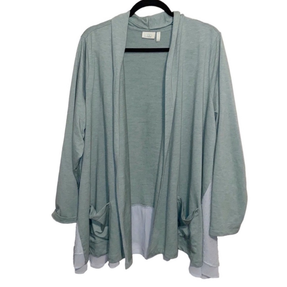 LOGO Lounge Lori Goldstein Cardigan 3X Sea Foam Green Open Front Pockets Ruffle